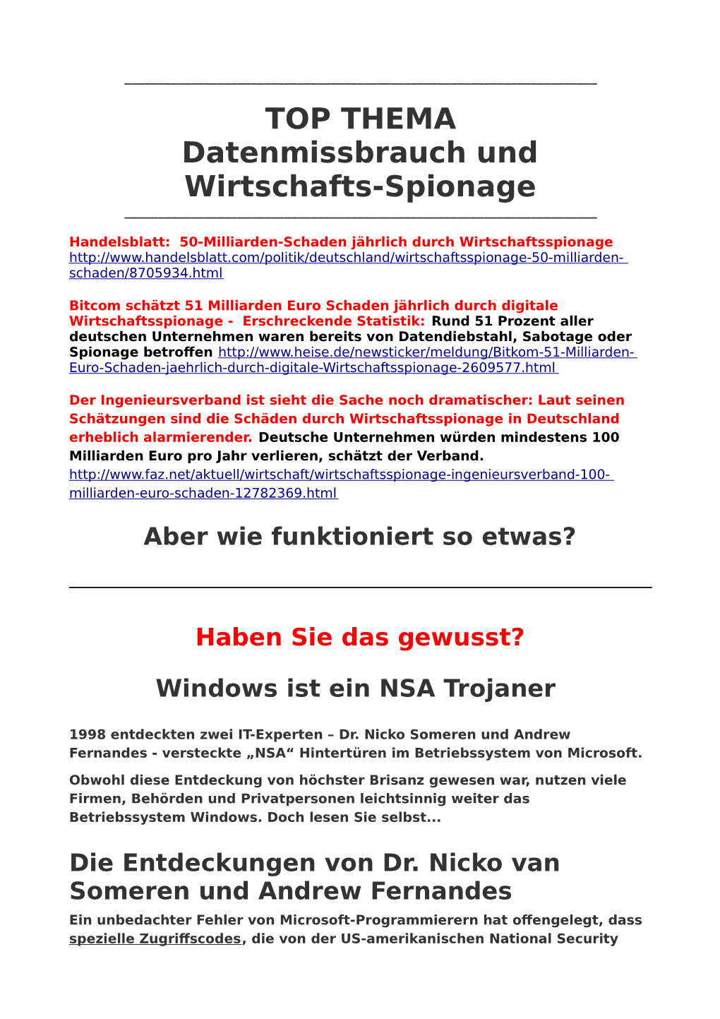 TOP THEMA Datenmissbrauch Und Wirtschafts-Spionage ______