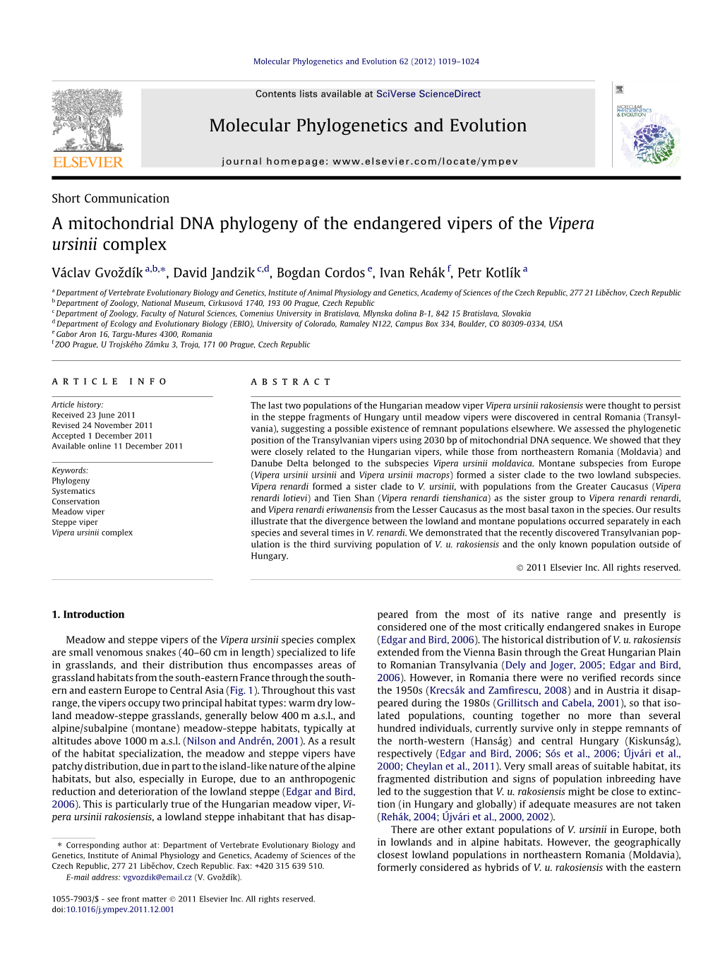 A Mitochondrial DNA Phylogeny of the Endangered Vipers of the Vipera