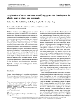 Application of Sweet and Taste Modifying Genes for Development in Plants: Current Status and Prospects