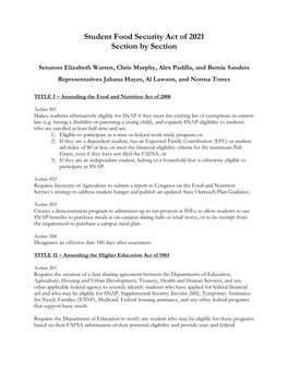 Student Food Security Act of 2021 Section by Section