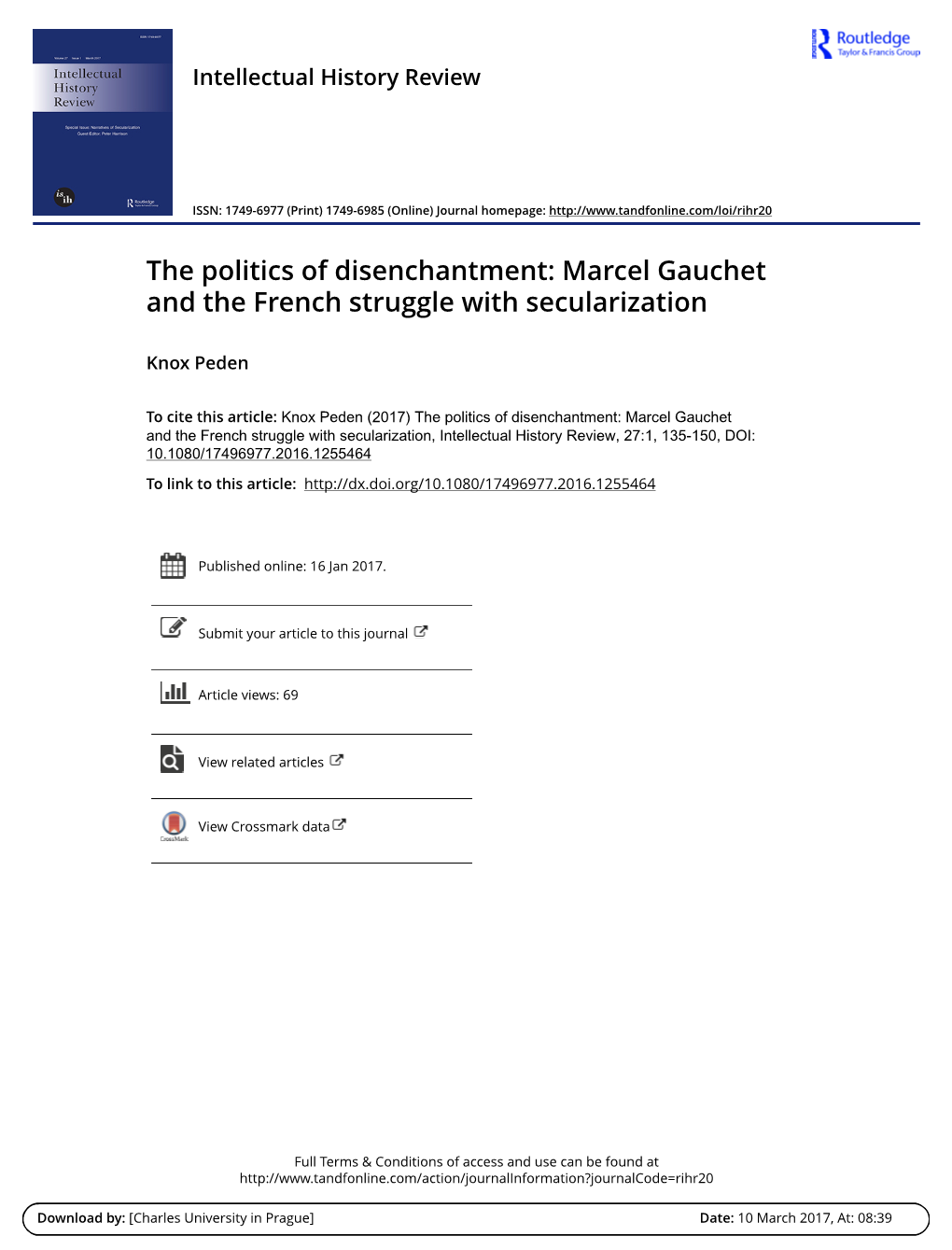 The Politics of Disenchantment: Marcel Gauchet and the French Struggle with Secularization
