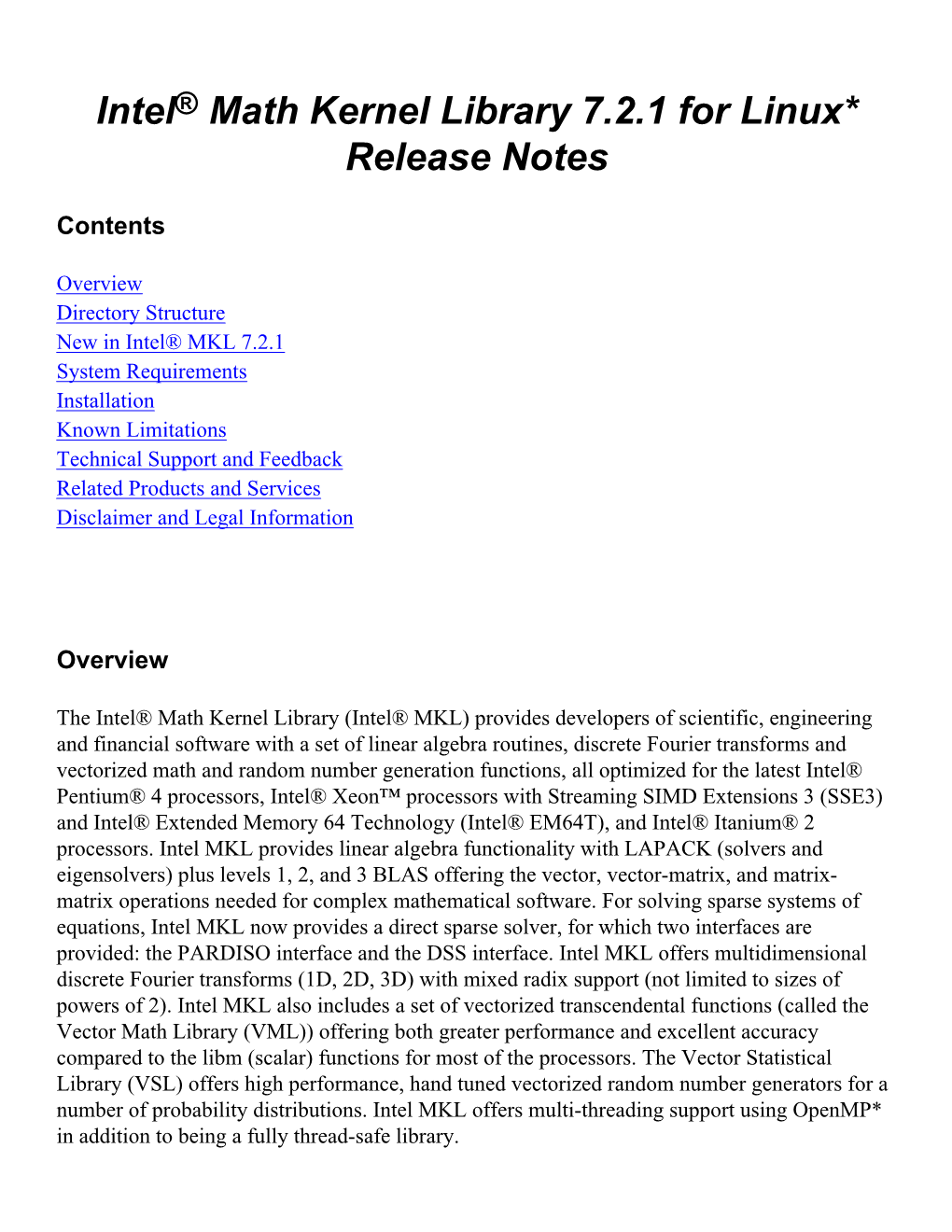 Intel® Math Kernel Library 7.2.1 for Linux* Release Notes