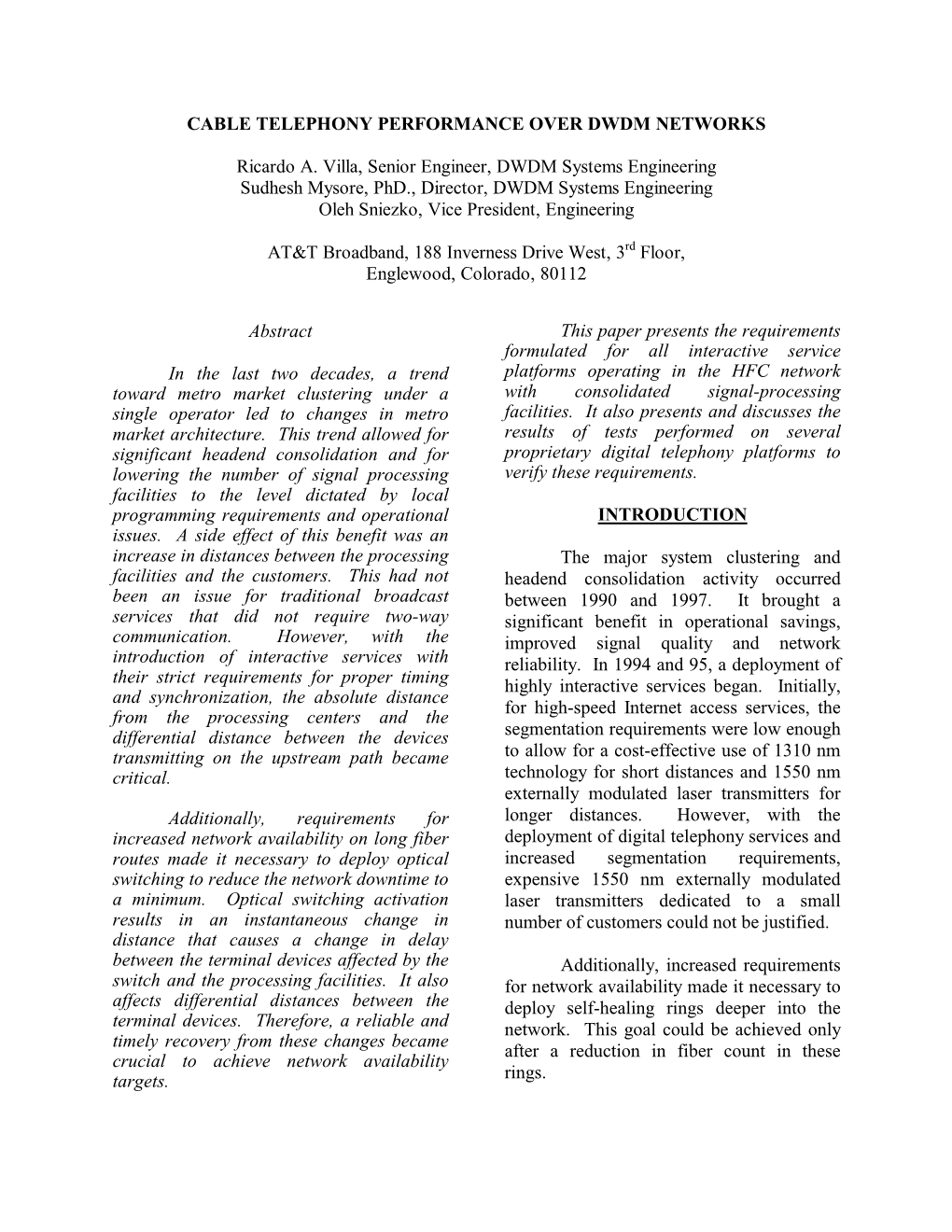 Cable Telephony Performance Over Dwdm Networks