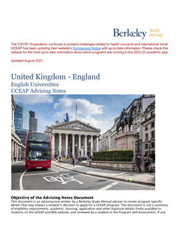 United Kingdom - England English Universities UCEAP Advising Notes