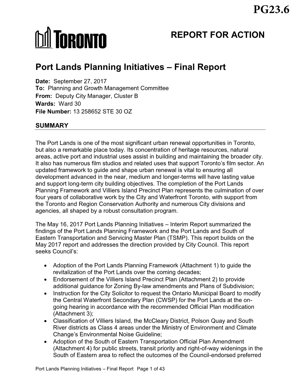 Port Lands Planning Initiatives – Final Report