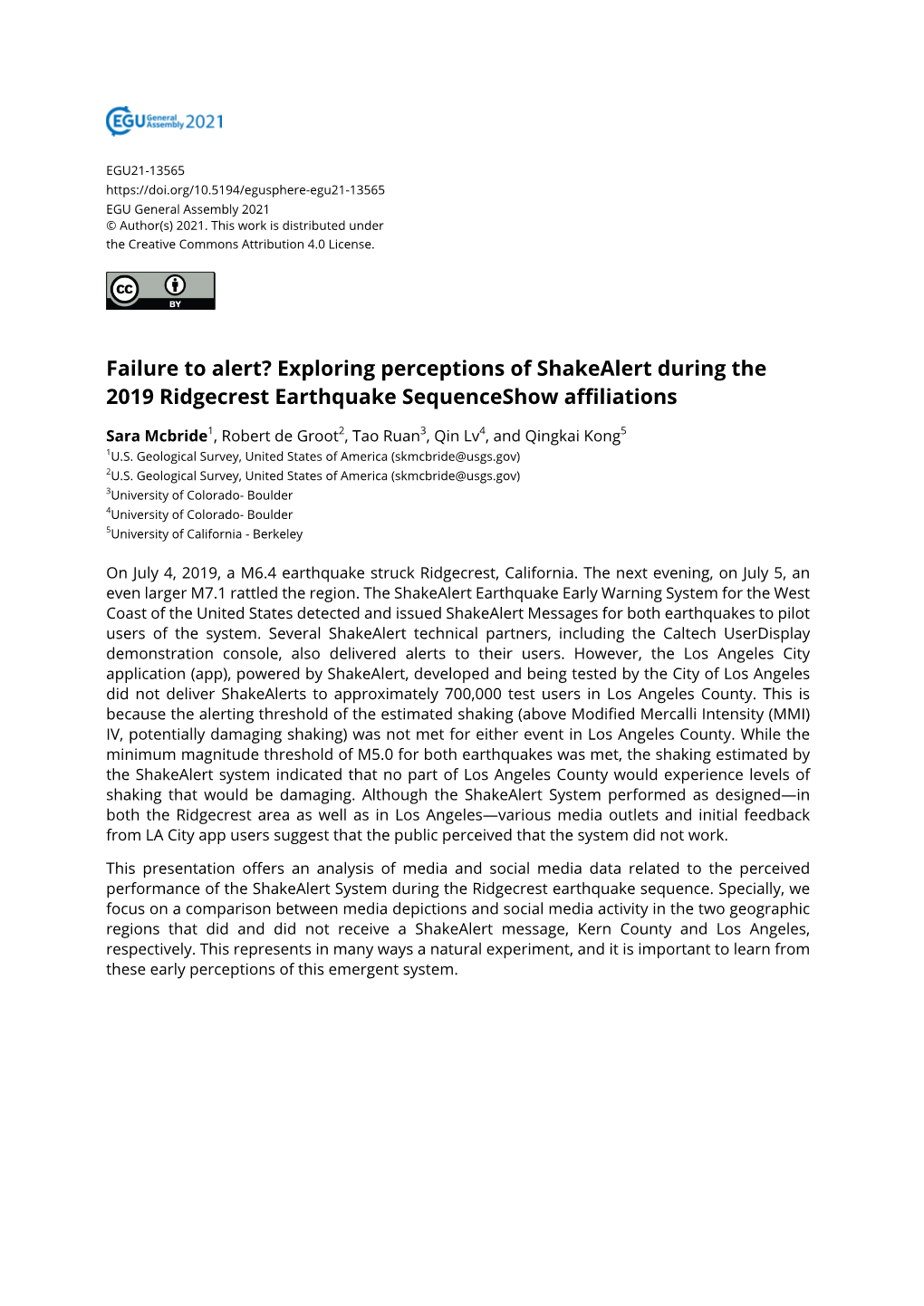 Failure to Alert? Exploring Perceptions of Shakealert During the 2019 Ridgecrest Earthquake Sequenceshow Affiliations