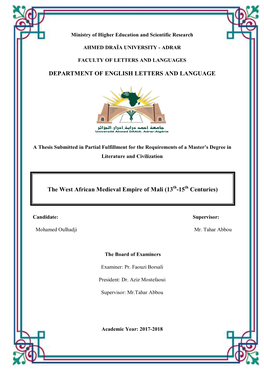 DEPARTMENT of ENGLISH LETTERS and LANGUAGE the West African Medieval Empire of Mali (13 -15 Centuries)