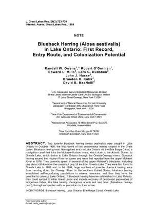 Blueback Herring (Alosa Aestivalis) in Lake Ontario: First Record, Entry Route, and Colonization Potential