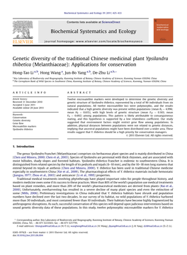 Genetic Diversity of the Traditional Chinese Medicinal Plant Ypsilandra Thibetica (Melanthiaceae): Applications for Conservation