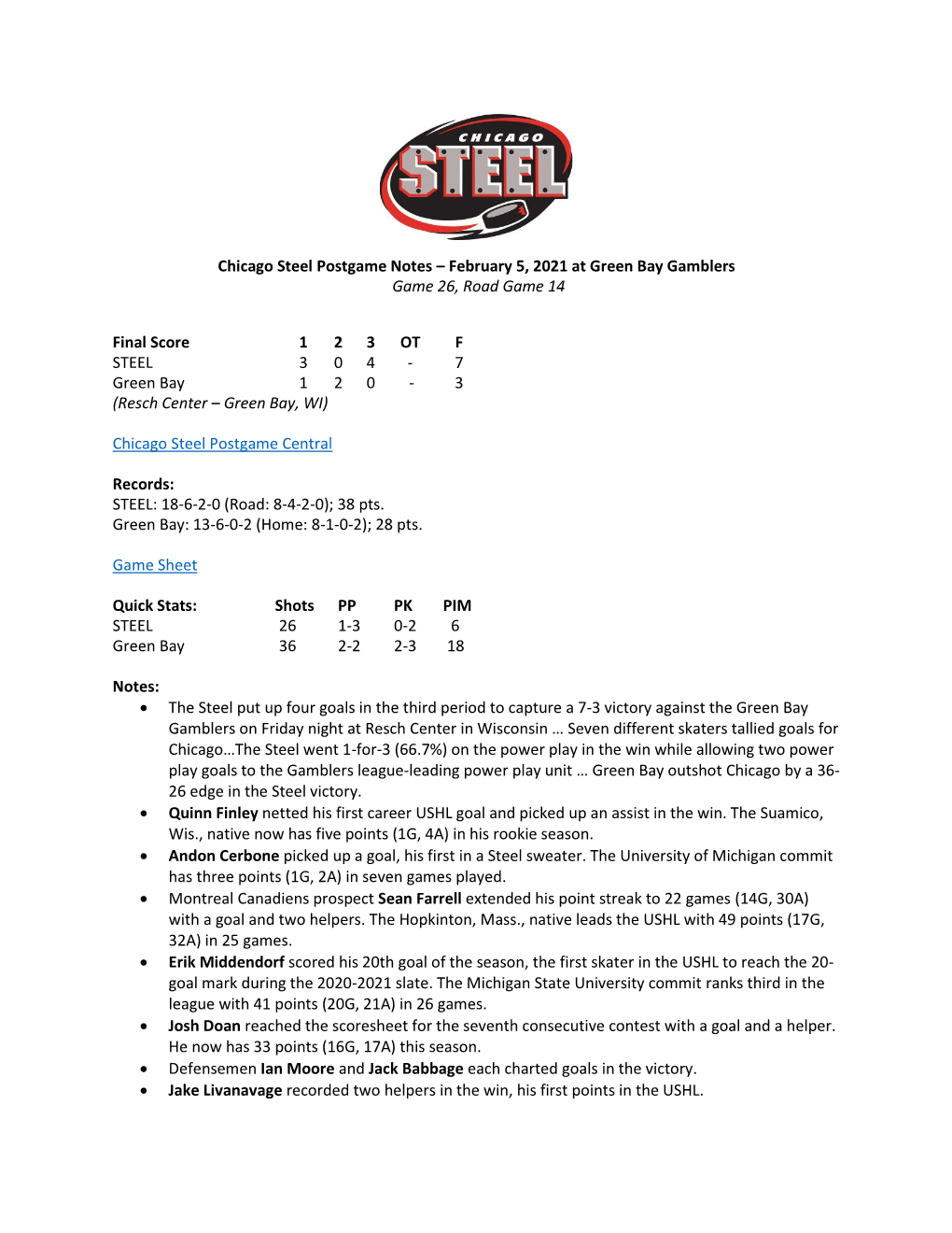 Chicago Steel Postgame Notes – February 5, 2021 at Green Bay Gamblers Game 26, Road Game 14 Final Score 1 2 3 OT F STEEL 3