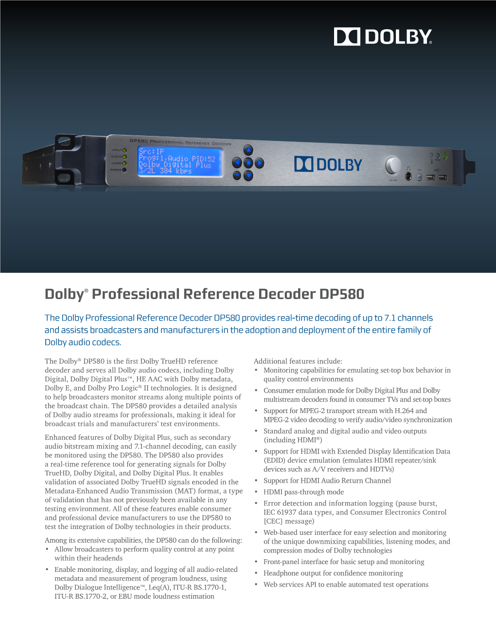 Dolby® Professional Reference Decoder DP580