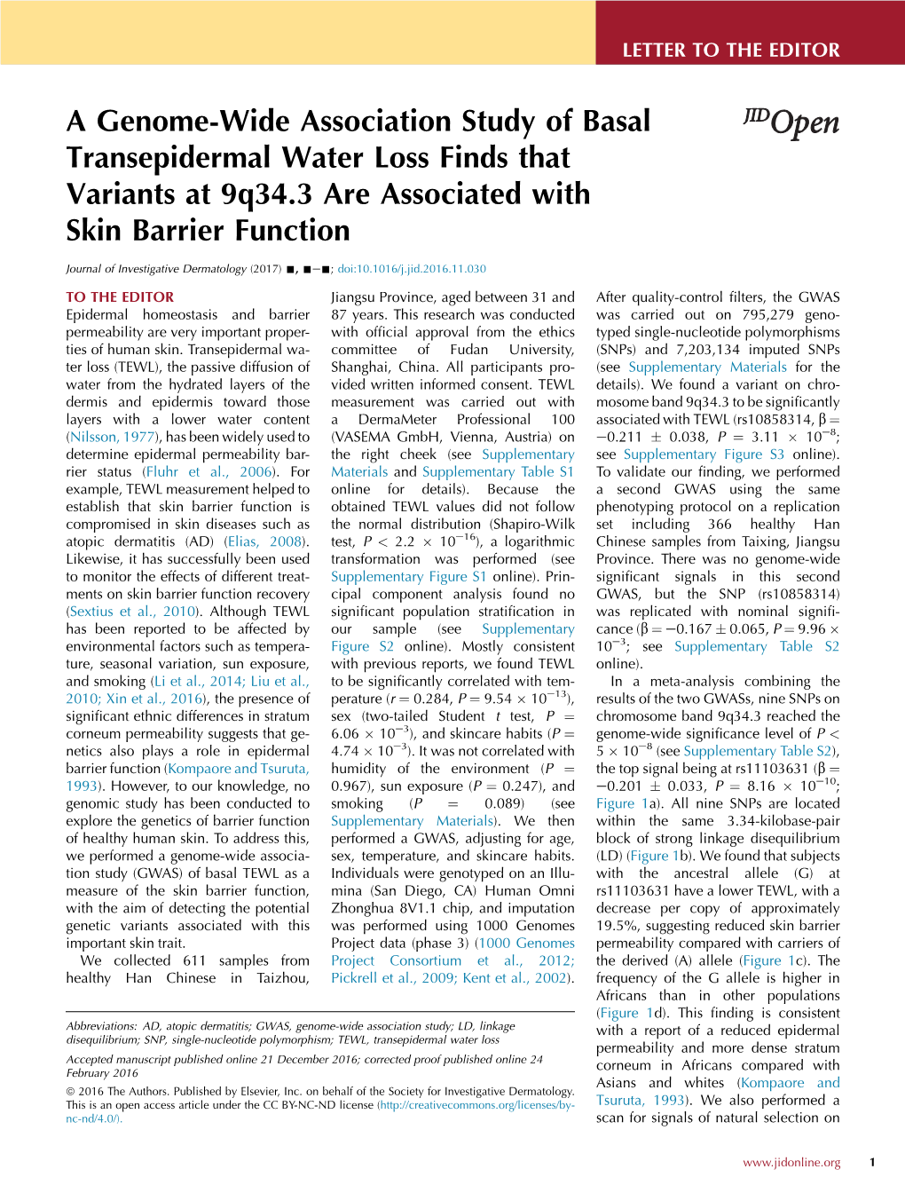 A Genome-Wide Association Study of Basal Transepidermal Water Loss Finds That Variants at 9Q34.3 Are Associated with Skin Barrier Function