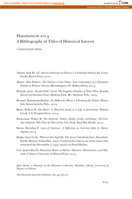 Hawaiiana in 2014 a Bibliography of Titles of Historical Interest