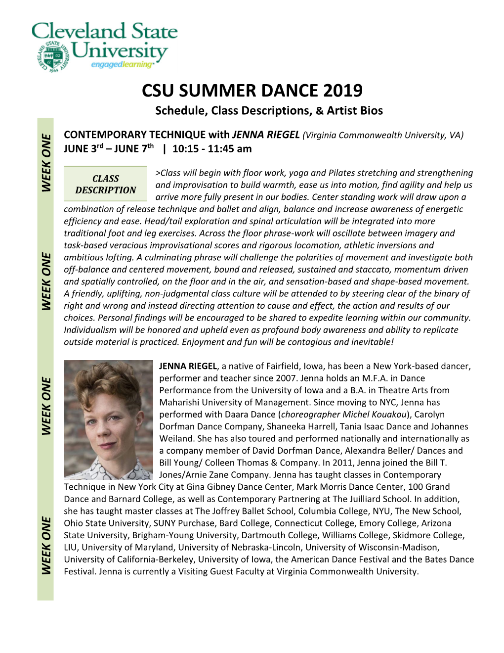 SUMMER DANCE 2019 Schedule, Class Descriptions, & Artist Bios