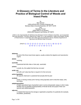 Glossary of Terms in the Literature and Practice of Biological Control of Weeds and Insect Pests