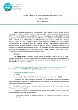 Compte Rendu –Conseil Communautaire 2020 17 Juillet 2020 a Pontaumur