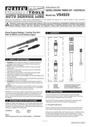 Instructions For: DIESEL ENGINE TIMING KIT - FIAT/IVECO