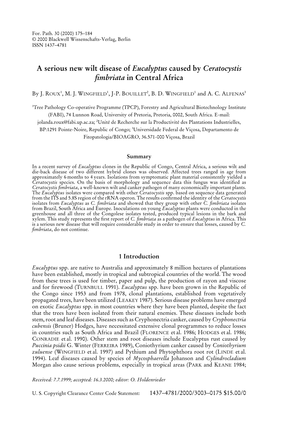 A Serious New Wilt Disease of Eucalyptus Caused by Ceratocystis ﬁmbriata in Central Africa