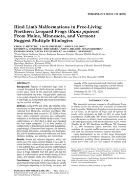 Hind Limb Malformations in Free-Living Northern Leopard Frogs (Rana Pipiens) from Maine, Minnesota, and Vermont Suggest Multiple Etiologies