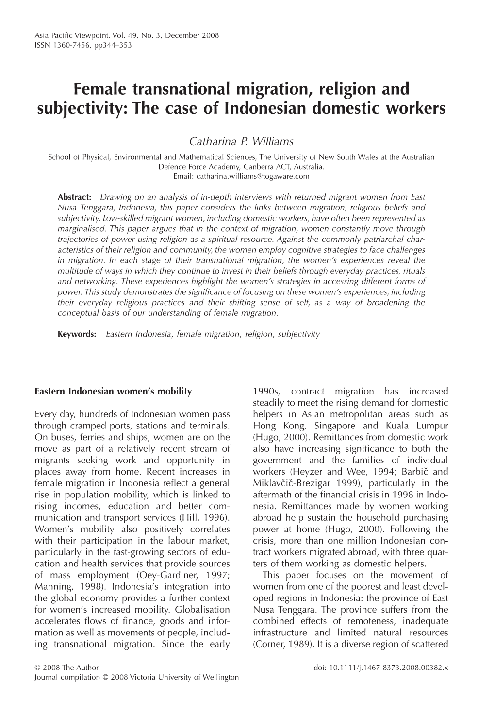 Female Transnational Migration, Religion and Subjectivity: the Case of Indonesian Domestic Workers