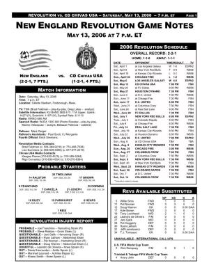 New England Revolution Game Notes May 13, 2006 at 7 P.M