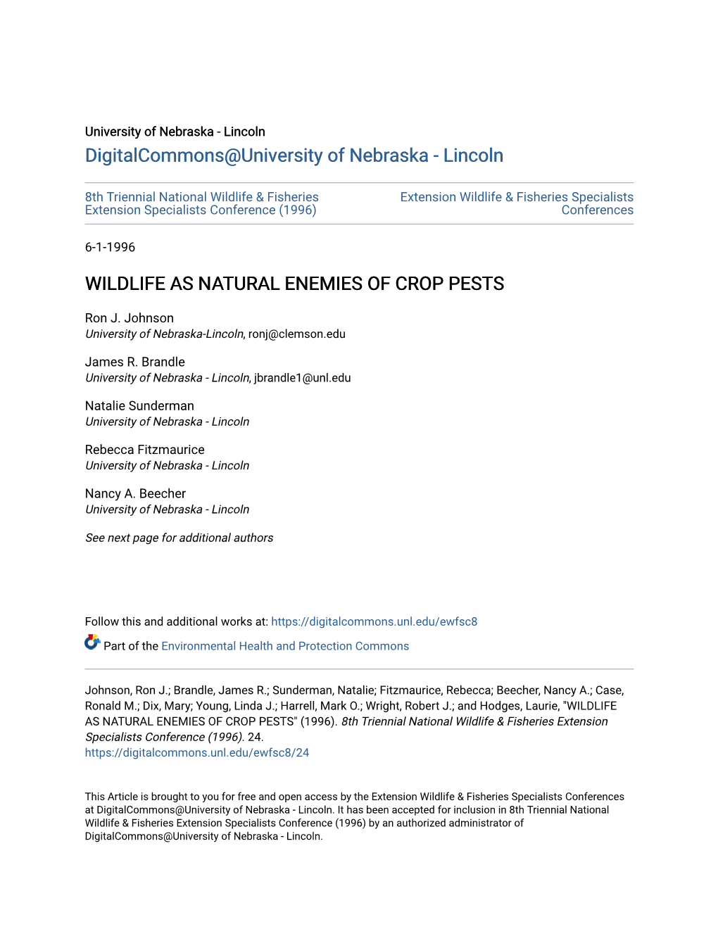 Wildlife As Natural Enemies of Crop Pests