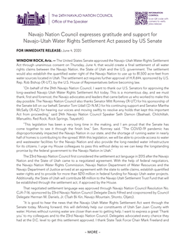 Navajo Nation Council Expresses Gratitude and Support for Navajo-Utah Water Rights Settlement Act Passed by US Senate