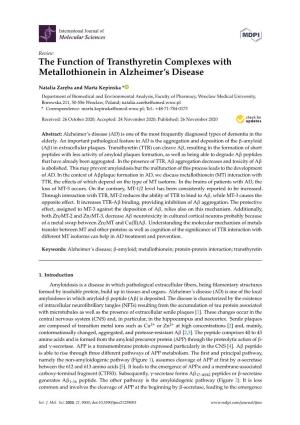 The Function of Transthyretin Complexes with Metallothionein in Alzheimer’S Disease