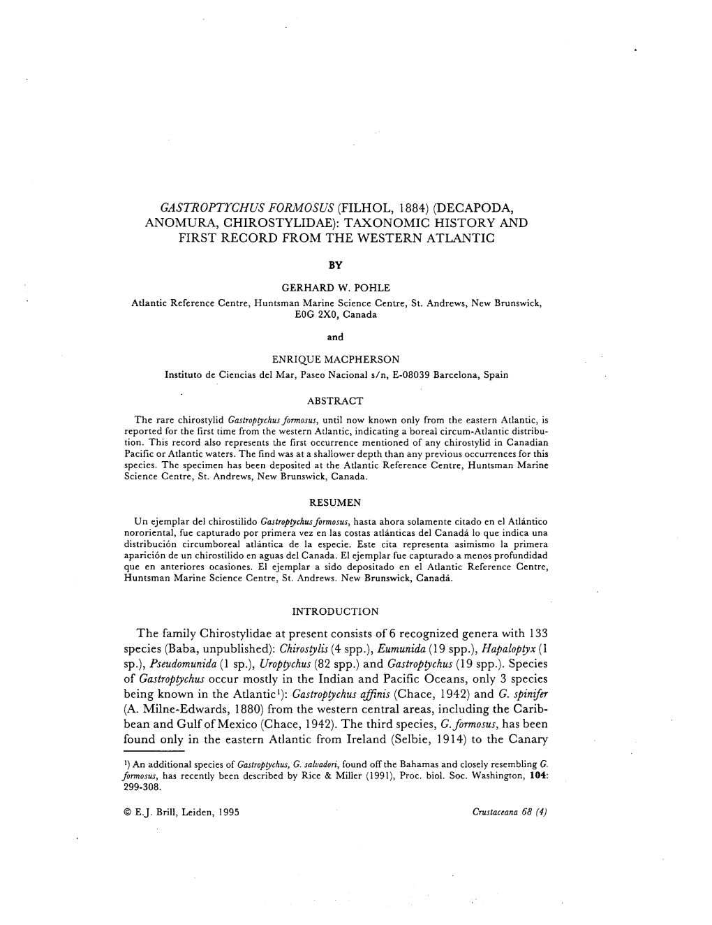 Gastroptychus Formosus (Filhol, 1884) (Decapoda, Anomura, Chirostylidae): Taxonomic History and First Record from the Western Atlantic