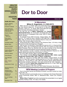Dor to Door HOUSTON, TEXAS Winter 2017 Inside This Issue: in Memoriam Officers / Meeting 2 Dates / Dues Milton G
