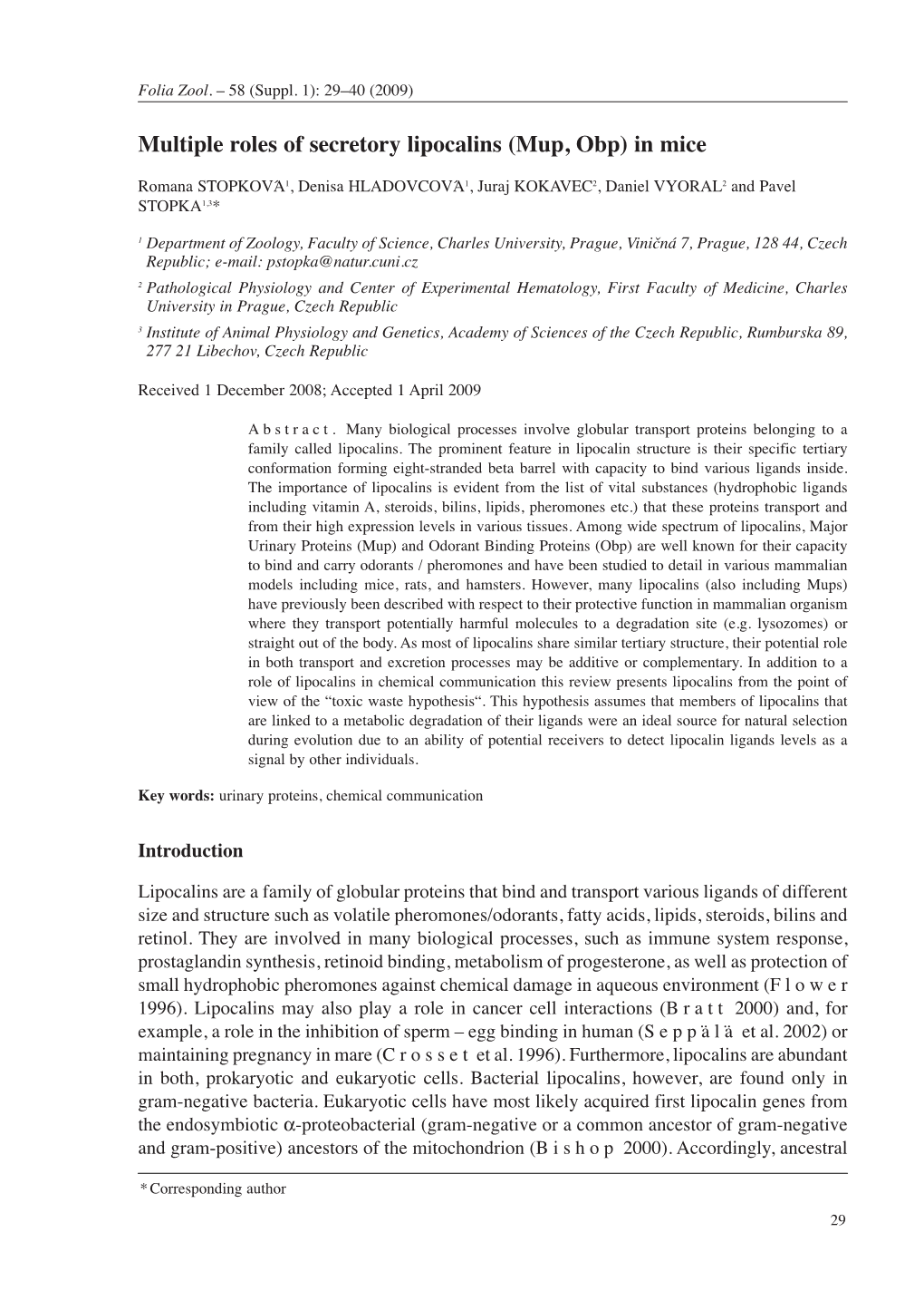 Multiple Roles of Secretory Lipocalins (Mup, Obp) in Mice