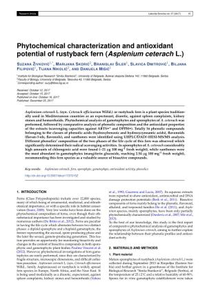 Phytochemical Characterization and Antioxidant Potential of Rustyback Fern (Asplenium Ceterach L.)