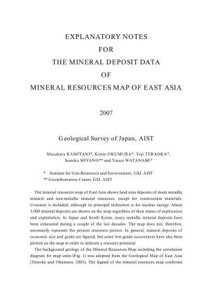 Explanatory Notes for the Mineral Deposit Data of Mineral Resources Map of East Asia