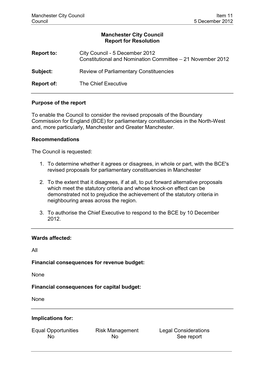 Report on the Review of Parliamentary Constituencies to Council 5 December 2012