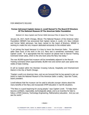 FOR IMMEDIATE RELEASE Former Astronaut Captain James A. Lovell
