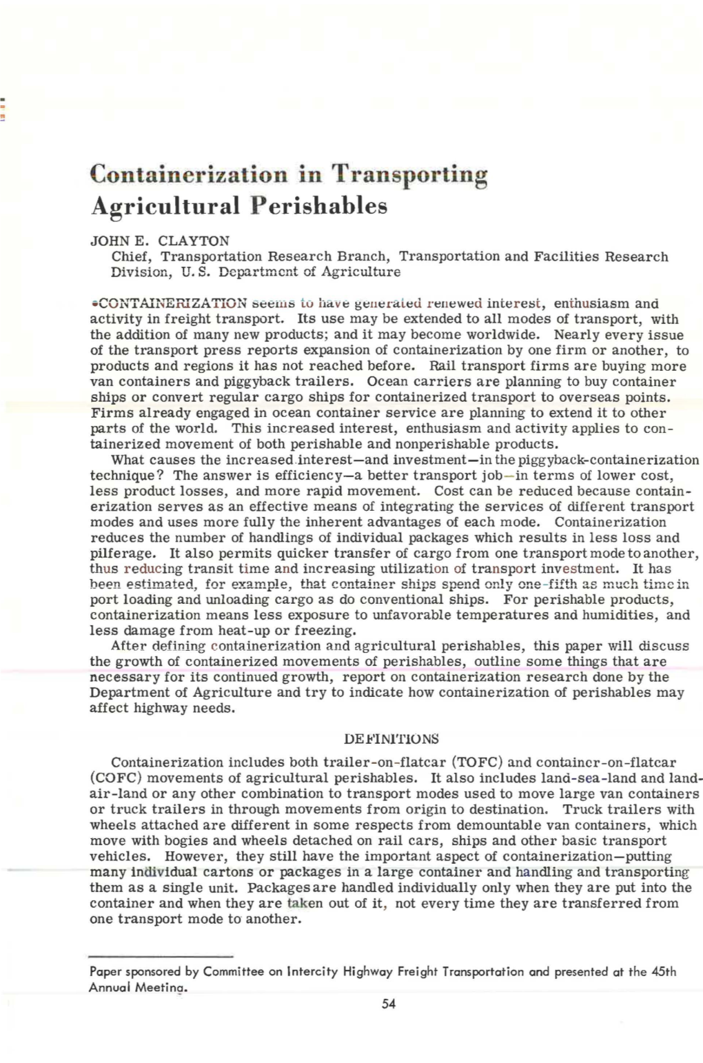 Containerization in Transporting Agricultural P Erishahles JOHN E