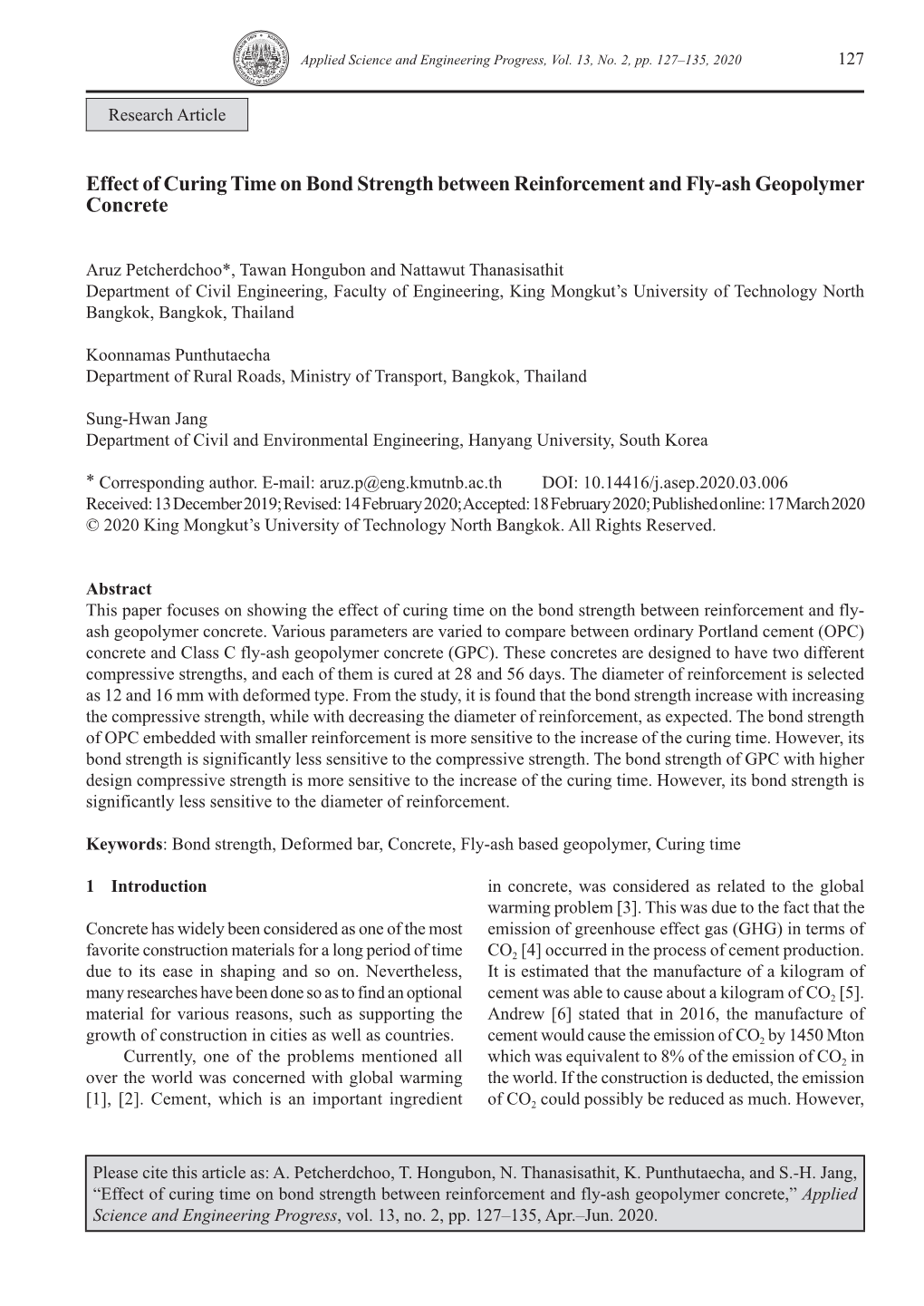 Effect of Curing Time on Bond Strength Between Reinforcement and Fly-Ash Geopolymer Concrete