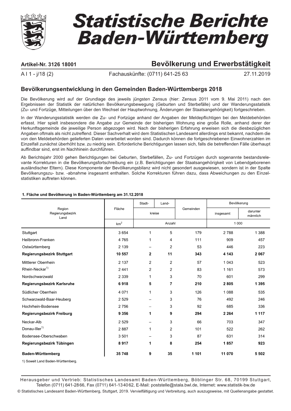 Bevölkerung Und Erwerbstätigkeit a I 1 - J/18 (2) Fachauskünfte: (0711) 641-25 63 27.11.2019