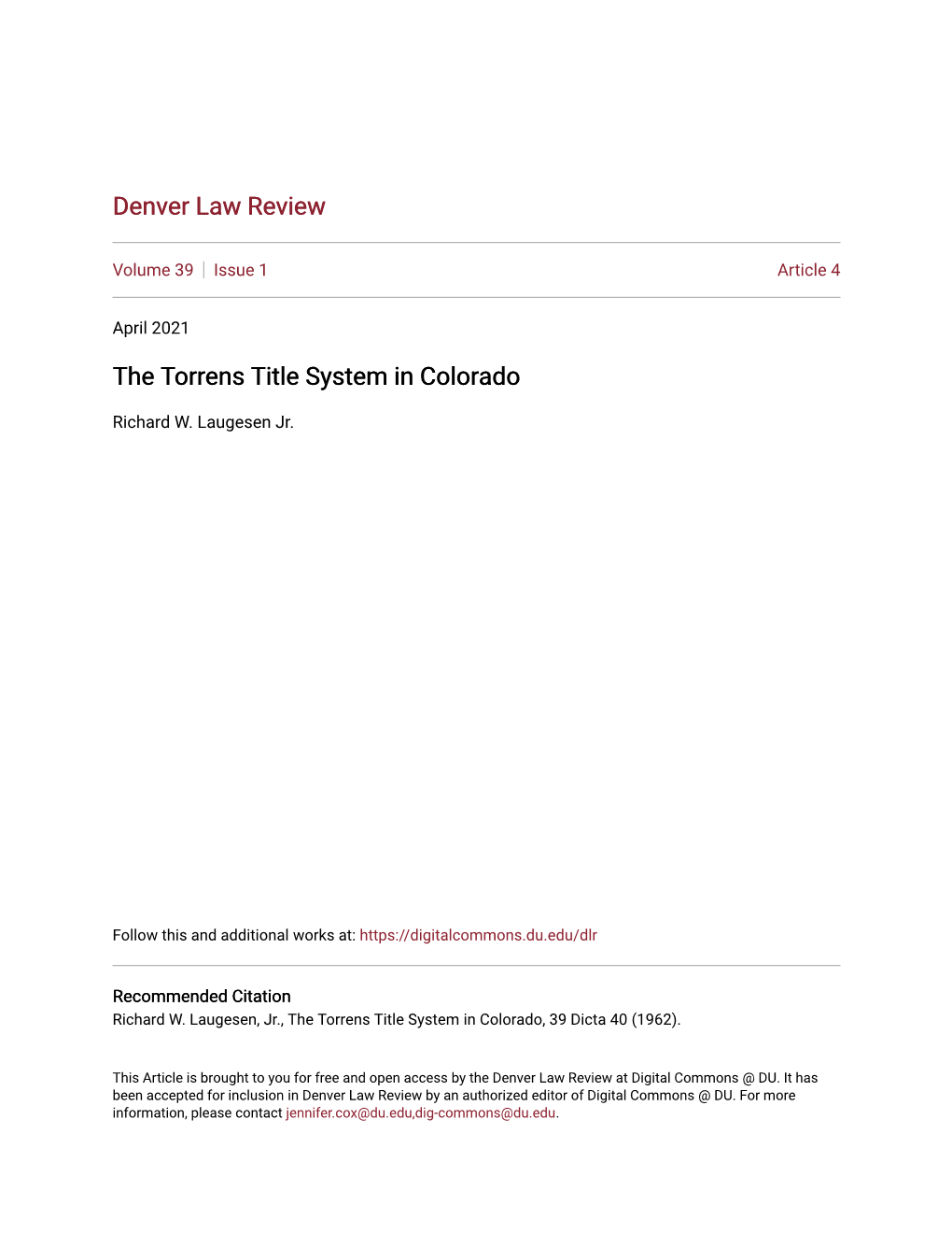 The Torrens Title System in Colorado