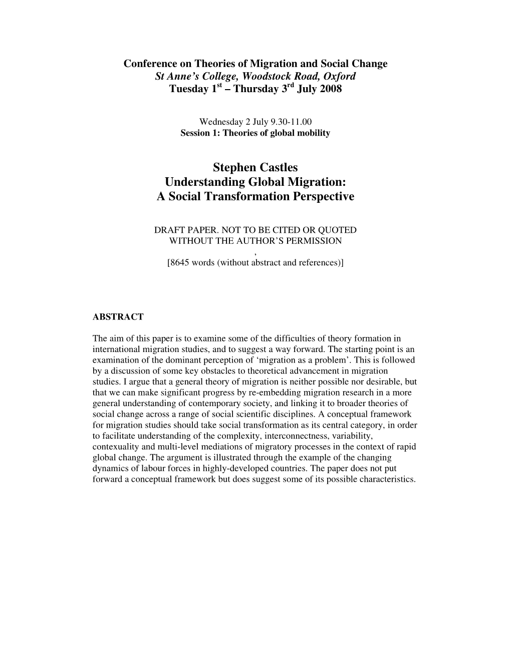 Stephen Castles Understanding Global Migration: a Social Transformation Perspective