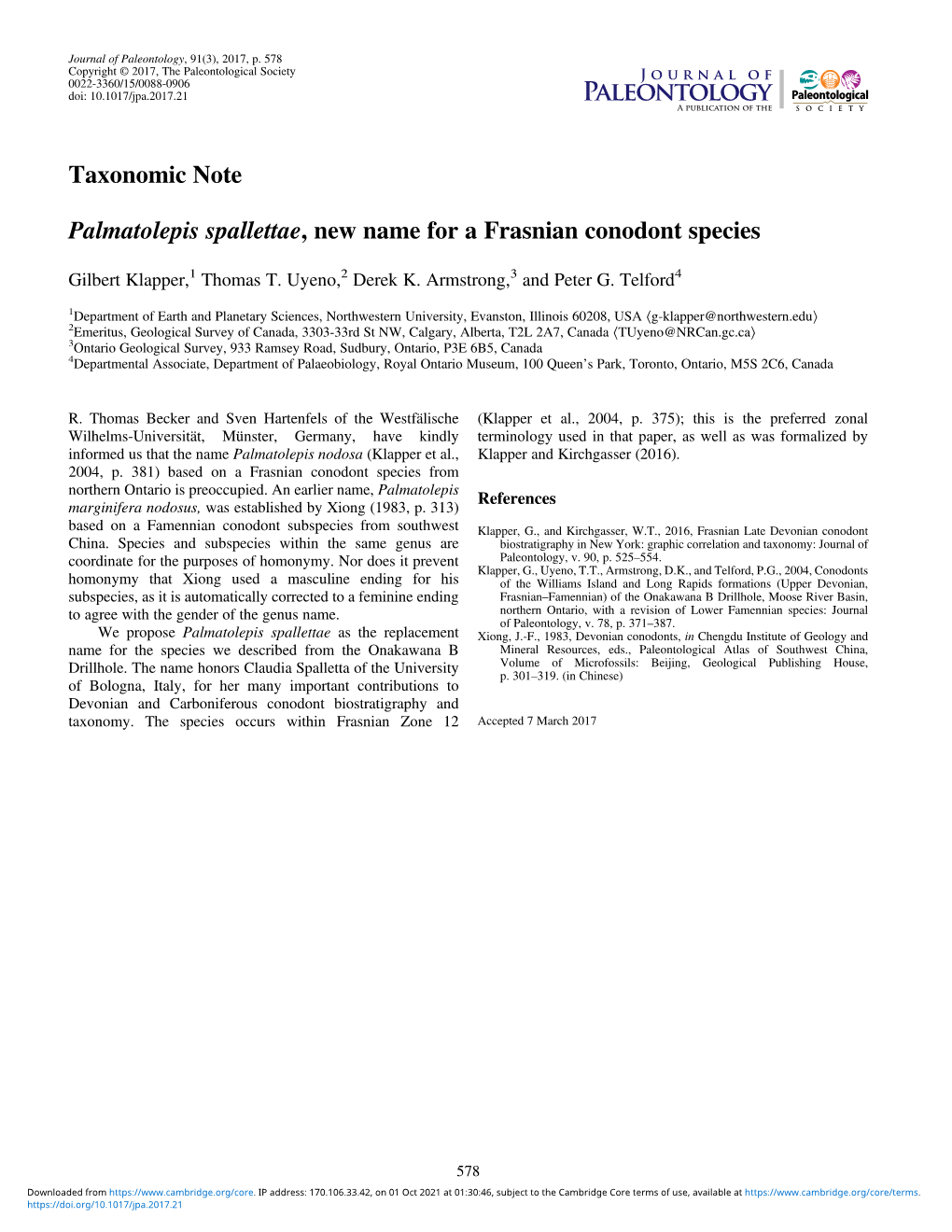 Taxonomic Note Palmatolepis Spallettae, New Name for a Frasnian Conodont Species