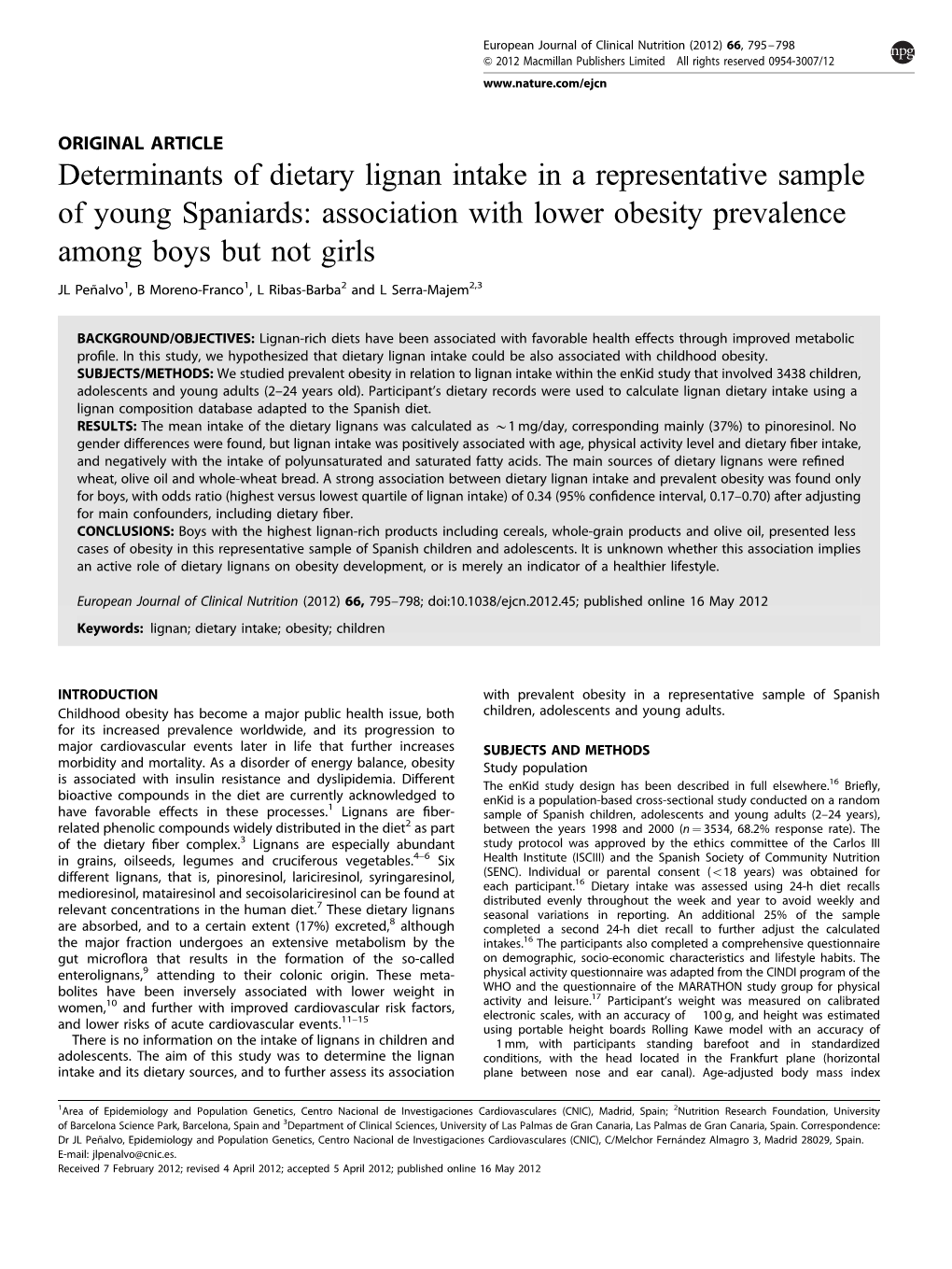 Determinants of Dietary Lignan Intake in a Representative Sample of Young Spaniards: Association with Lower Obesity Prevalence Among Boys but Not Girls