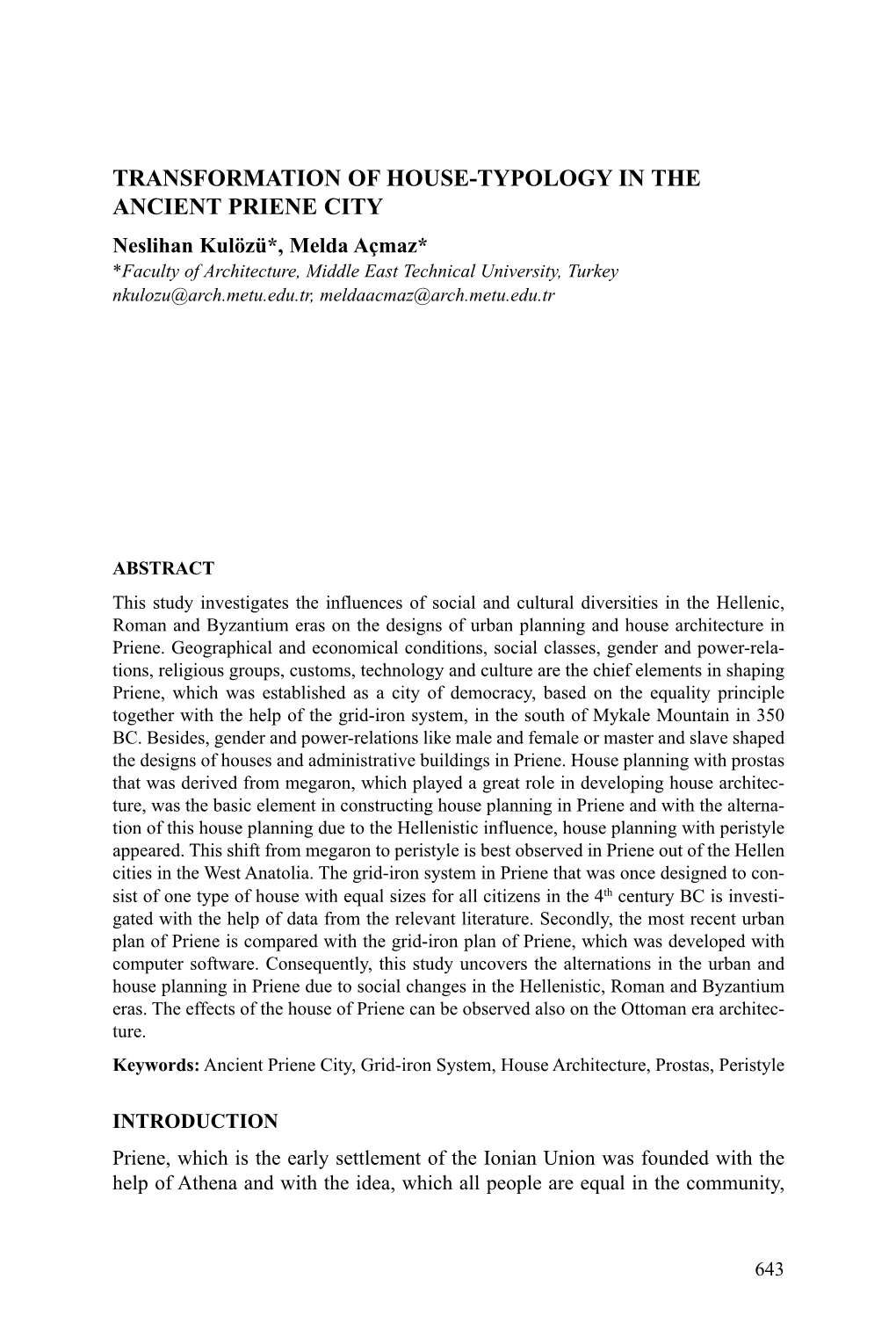 Transformation of House-Typology in the Ancient Priene City