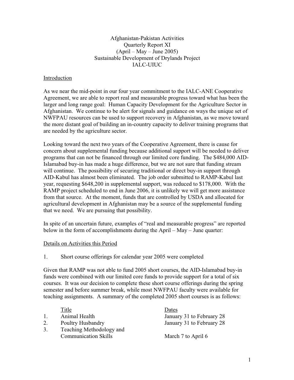 Afghanistan-Pakistan Activities Quarterly Report XI (April – May – June 2005) Sustainable Development of Drylands Project IALC-UIUC