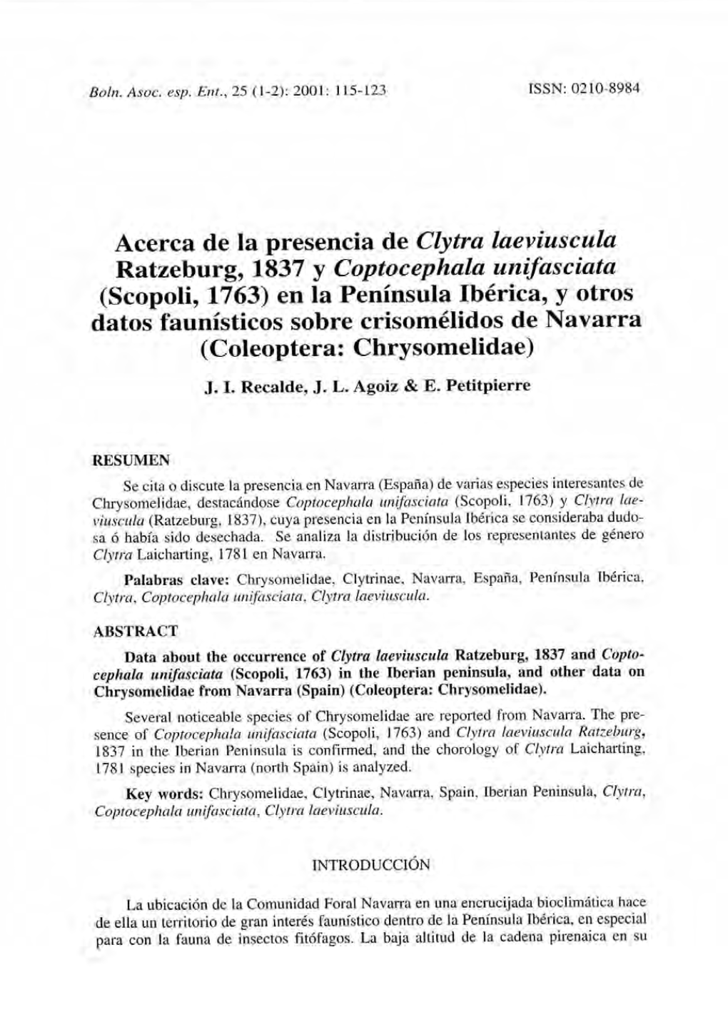 Acerca De La Presencia De Clytra Laeviuscula Ratzeburg, 1837 Y Coptocephala Unifasciata