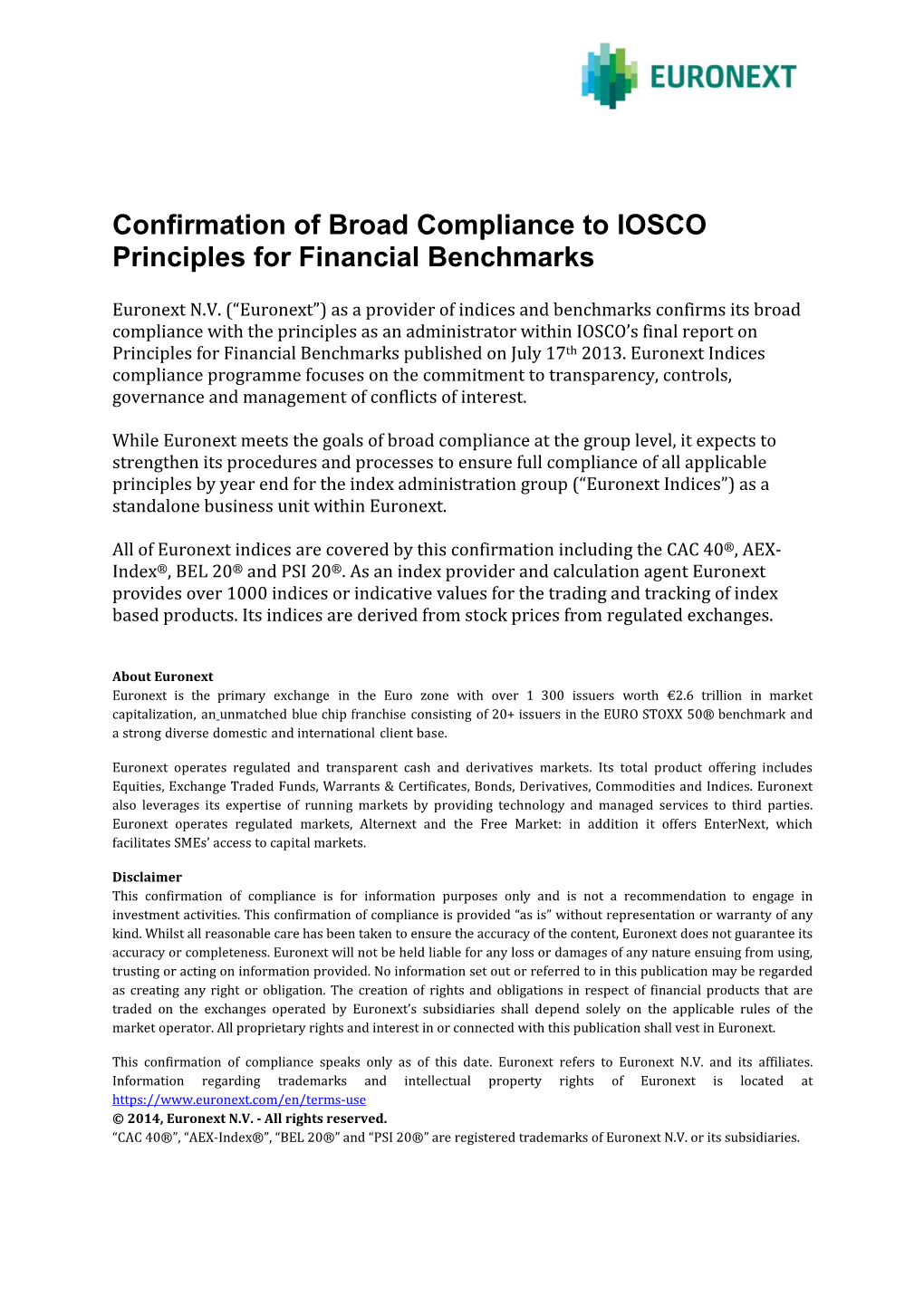 Confirmation of Broad Compliance to IOSCO Principles for Financial Benchmarks