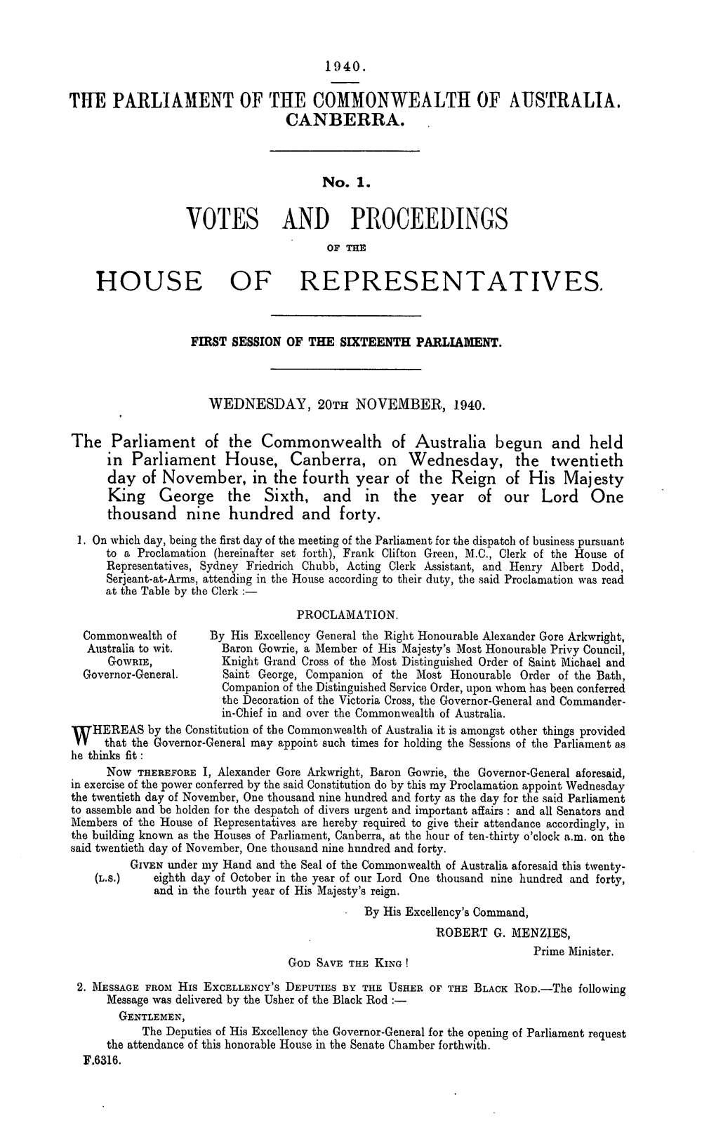 Votes and Proceedings of the House of Representatives