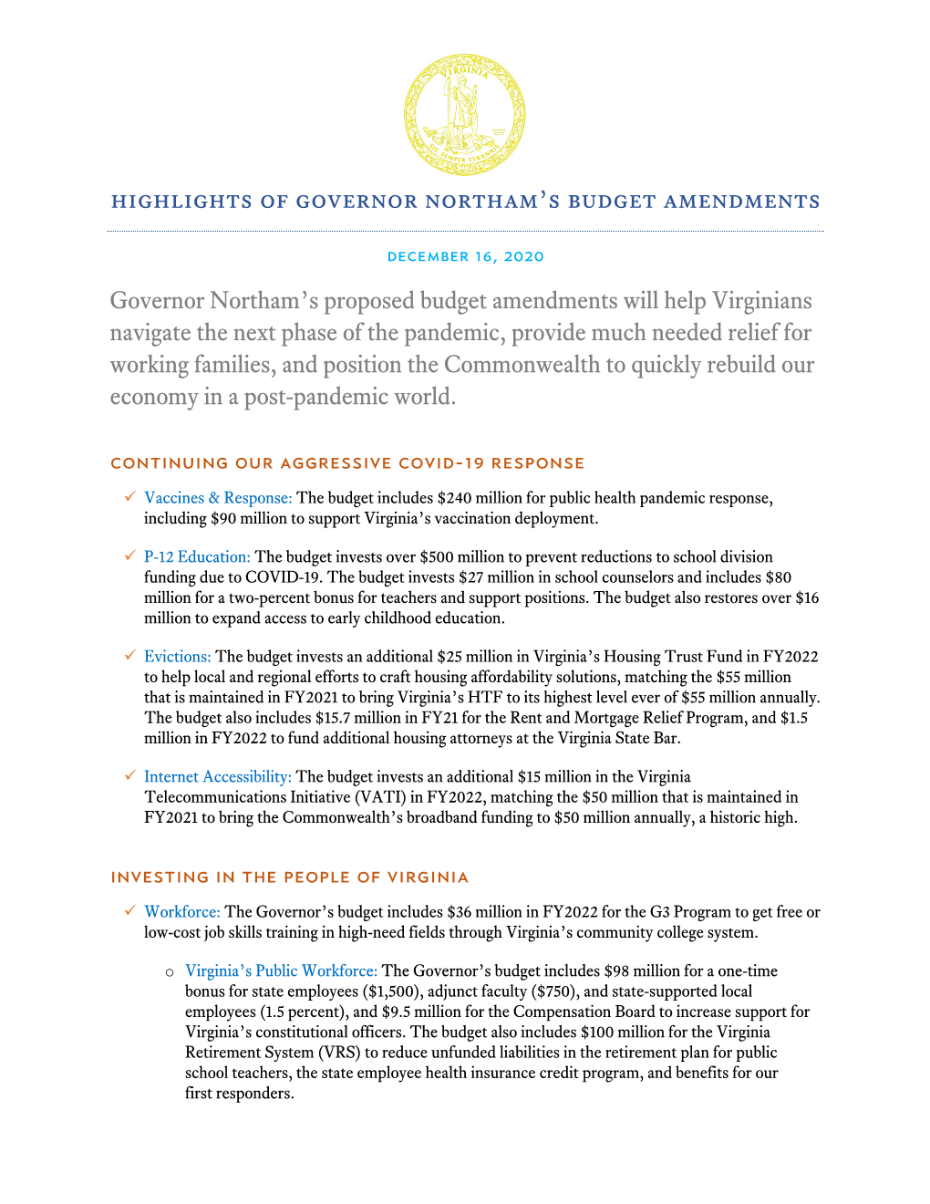 Highlights of Governor Northam's Budget Amendments