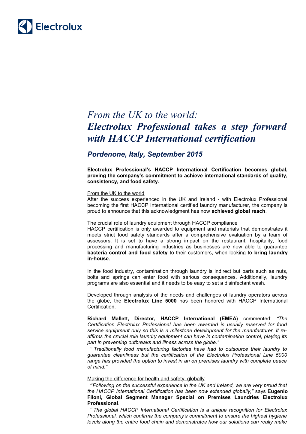 Electrolux Professional Takes a Step Forward with HACCP International Certification