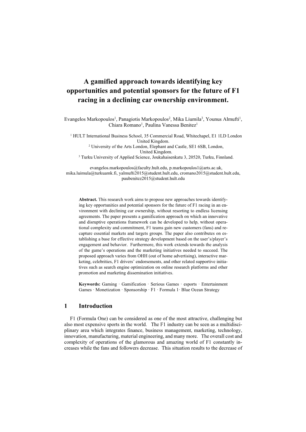 A Gamified Approach Towards Identifying Key Opportunities and Potential Sponsors for the Future of F1 Racing in a Declining Car Ownership Environment